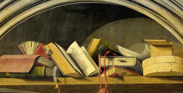 Still life with books in a niche (1442-1444)   Barthélémy d’Eyke (Dutch 1420-1470) Artvee.com